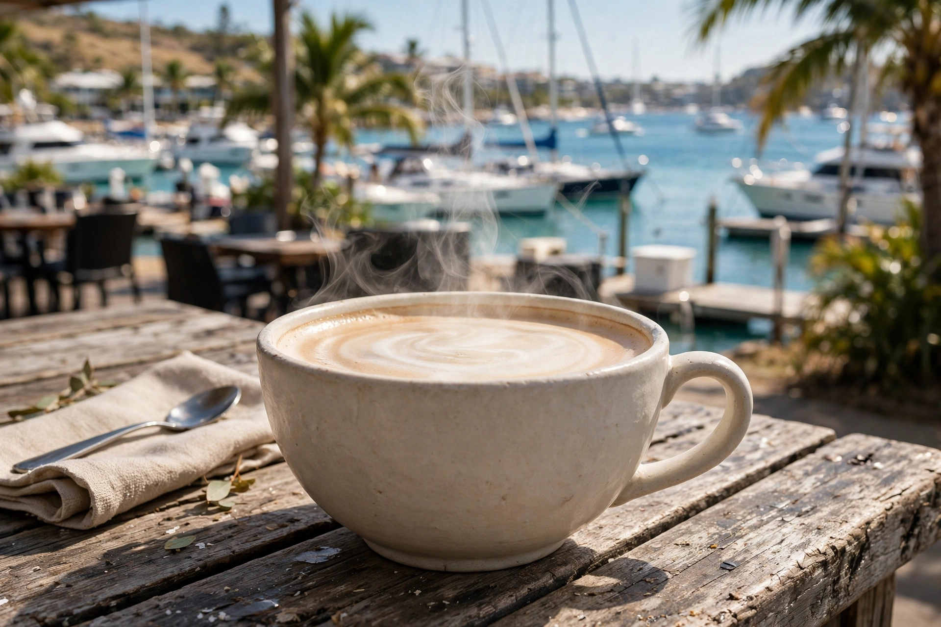 Flat white overlooking the Cullen Bay marina