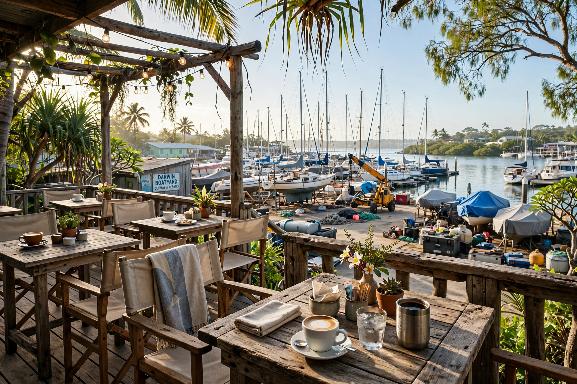Cafe deck overlooking the boatyard and marina